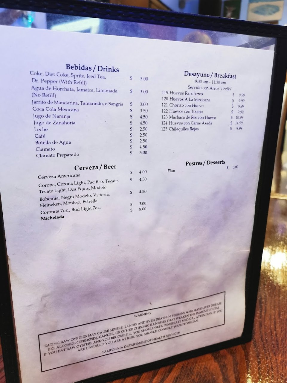 Menu page with breakfast, drinks, and desserts.
