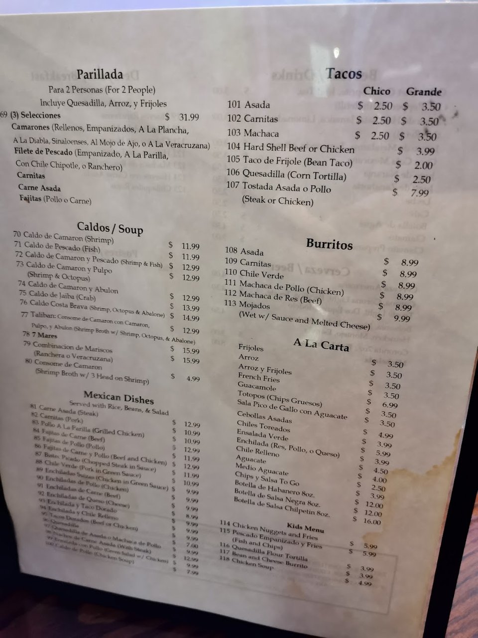 Mexican breakfast dishes listed on a printed menu.